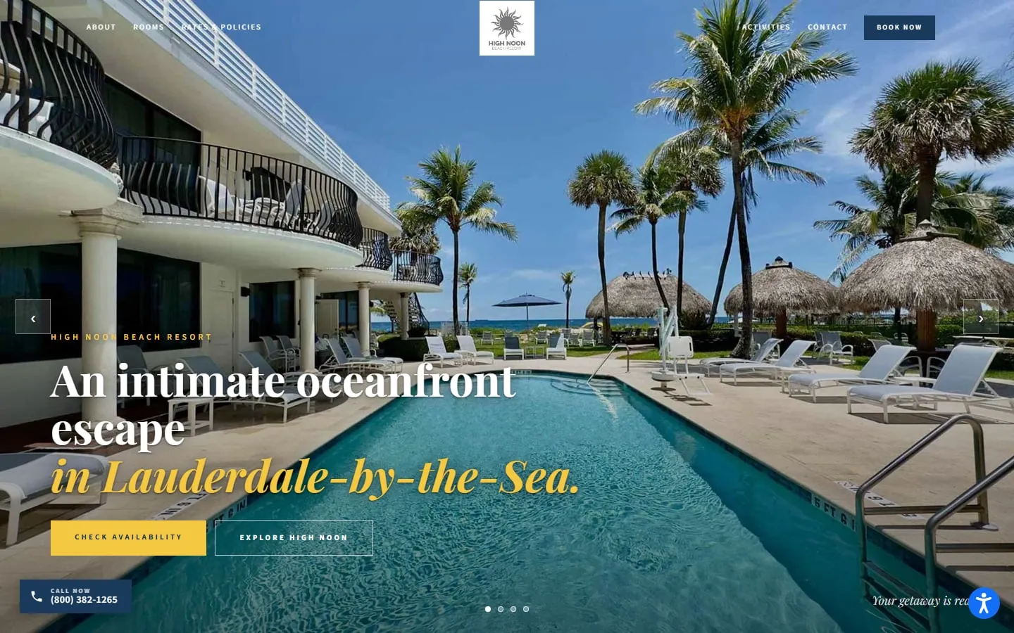 The High Noon Beach Resort homepage, a pool deck lined with loungers and palm trees under a blue sky, headed “An intimate oceanfront escape in Lauderdale-by-the-Sea.”