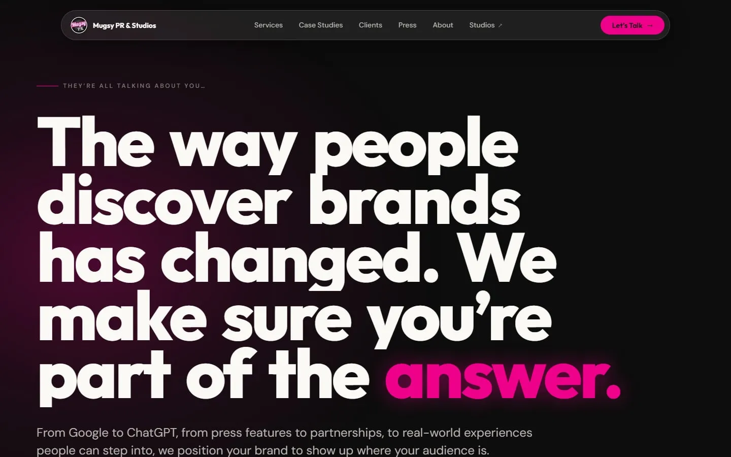 The mugsypr.com homepage hero, a large white headline on near-black ending in the word “answer.” in pink.