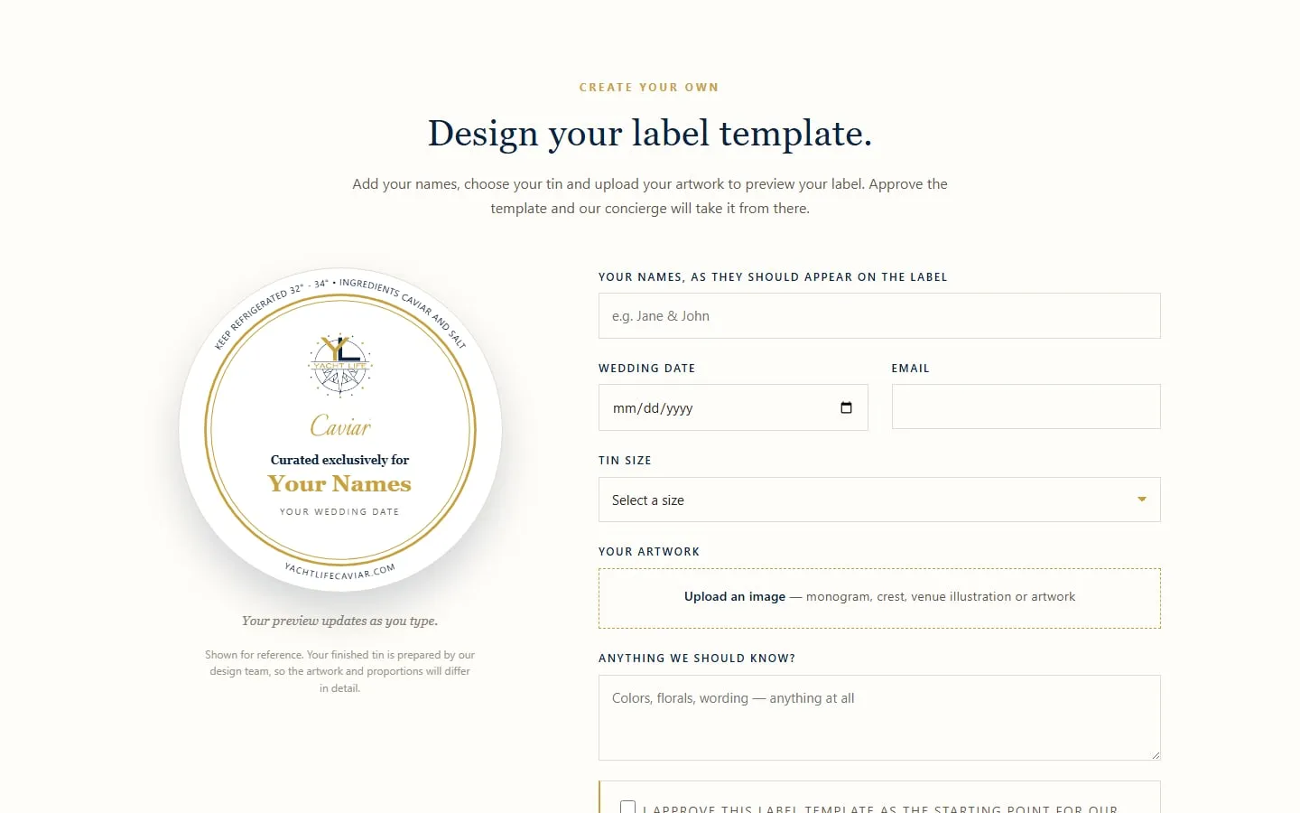 The wedding label designer on gifting.yachtlifecaviar.com, a round gold-ringed caviar lid preview beside a form for names, date, tin size and artwork.