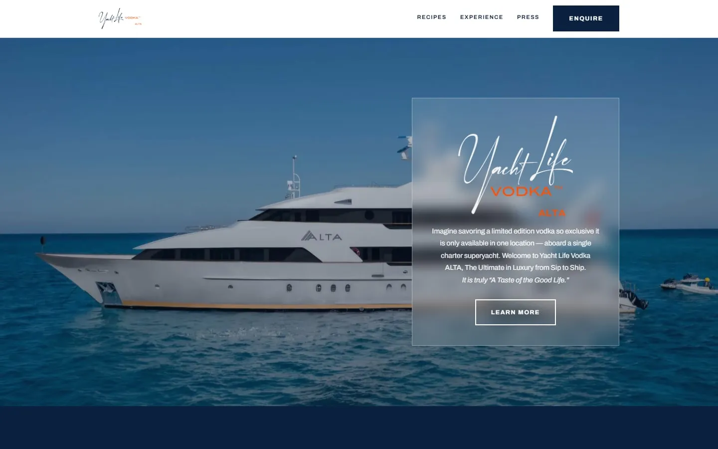 The Yacht Life Vodka ALTA homepage, the white superyacht ALTA at anchor on blue water beside a frosted panel with the Yacht Life Vodka script logo.